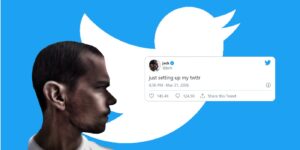 611d68f8c651bf41e0cb425b Jack Dorsey and first tweet over Twitter logo