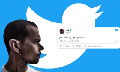 611d68f8c651bf41e0cb425b Jack Dorsey and first tweet over Twitter logo