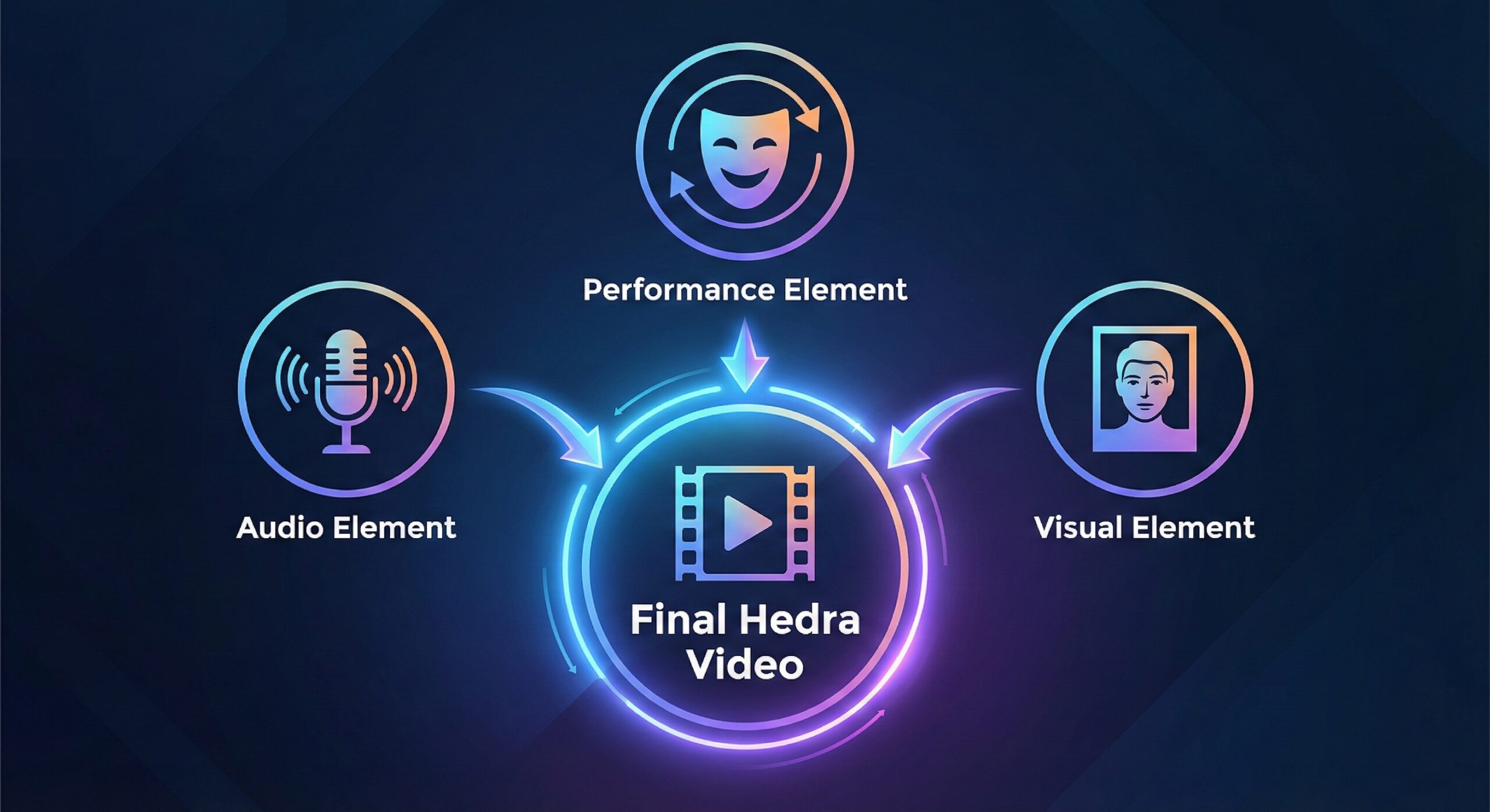مخطط يوضح Hedra Elements الثلاثة البصرية والصوتية والأداء لإنشاء الفيديو