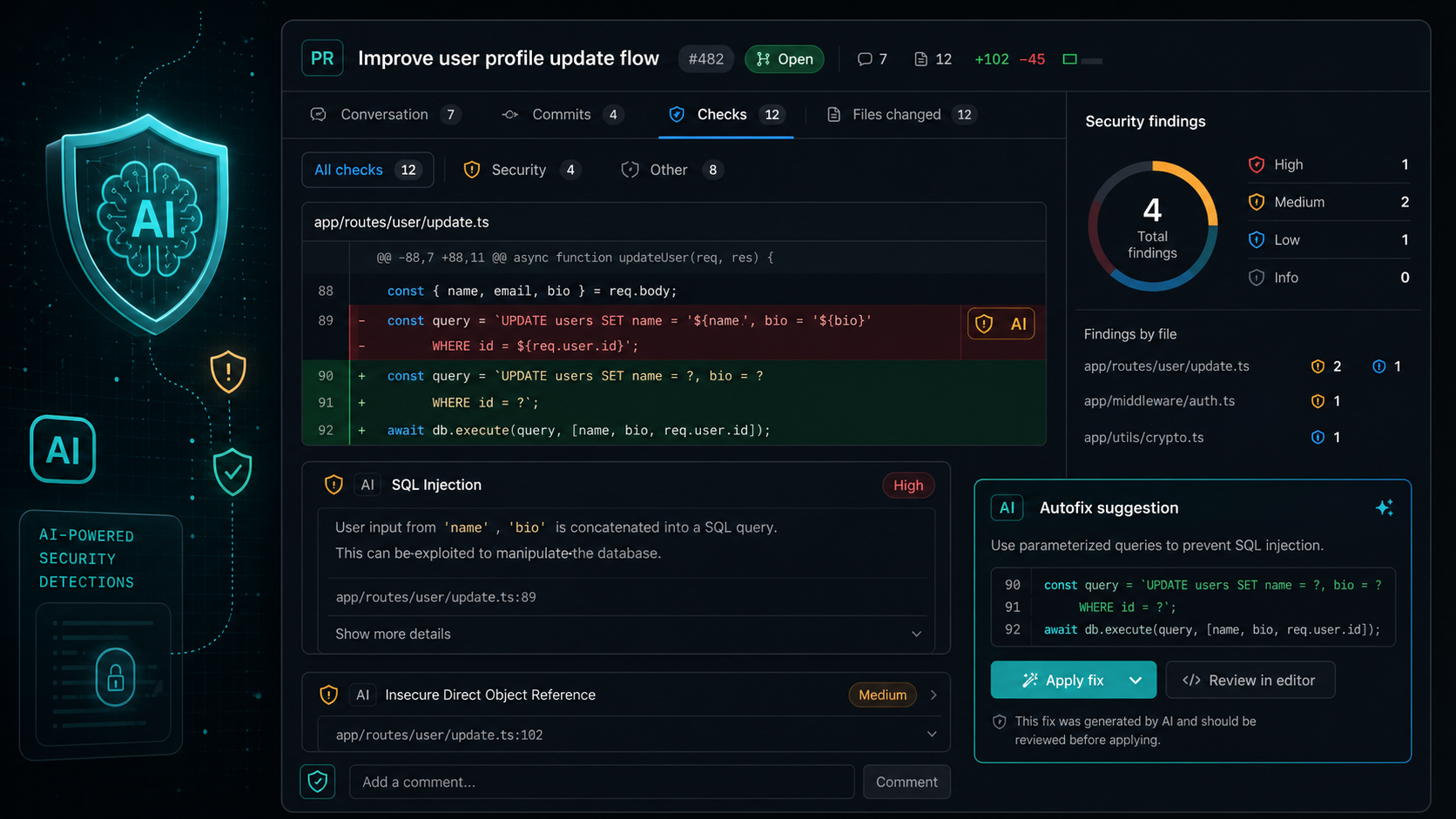 واجهة توضح اكتشافات الأمان بالذكاء الاصطناعي في GitHub داخل طلب سحب مع تنبيهات AI وإشارات إصلاح