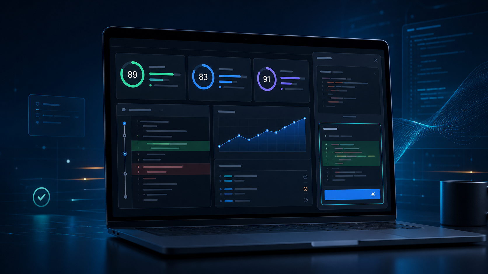 لوحة توضح GitHub Code Quality مع نتائج pull request ومؤشرات التغطية وإصلاحات Copilot Autofix
