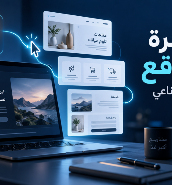 إنشاء موقع بالذكاء الاصطناعي: حاسوب محمول تتصل به فكرة مضيئة وبطاقات صفحات موقع، مع عبارة من فكرة إلى موقع