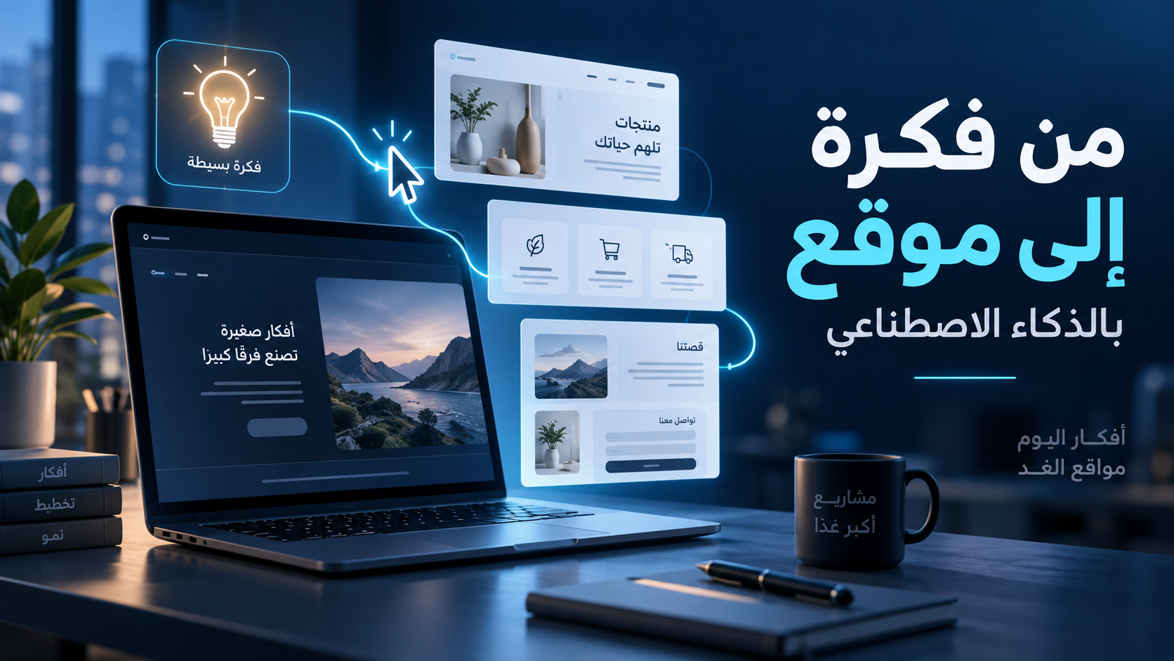 إنشاء موقع بالذكاء الاصطناعي: حاسوب محمول تتصل به فكرة مضيئة وبطاقات صفحات موقع، مع عبارة من فكرة إلى موقع