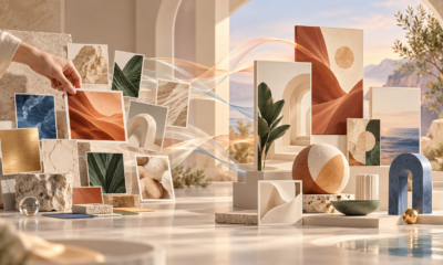 رسم توضيحي مولّد بالذكاء الاصطناعي ليد ترتّب مراجع بصرية تتحول إلى تصاميم وأشكال متناسقة.
