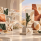 رسم توضيحي مولّد بالذكاء الاصطناعي ليد ترتّب مراجع بصرية تتحول إلى تصاميم وأشكال متناسقة.